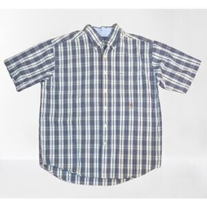 Vintage TOMMY HILFIGER 100% Cotton Casual Blue Plaid Button Down Shirt LARGE